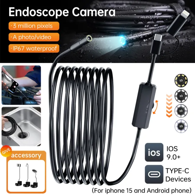 2 IN 1 HD Endoscope Borescope Snake Inspection Camera Waterproof