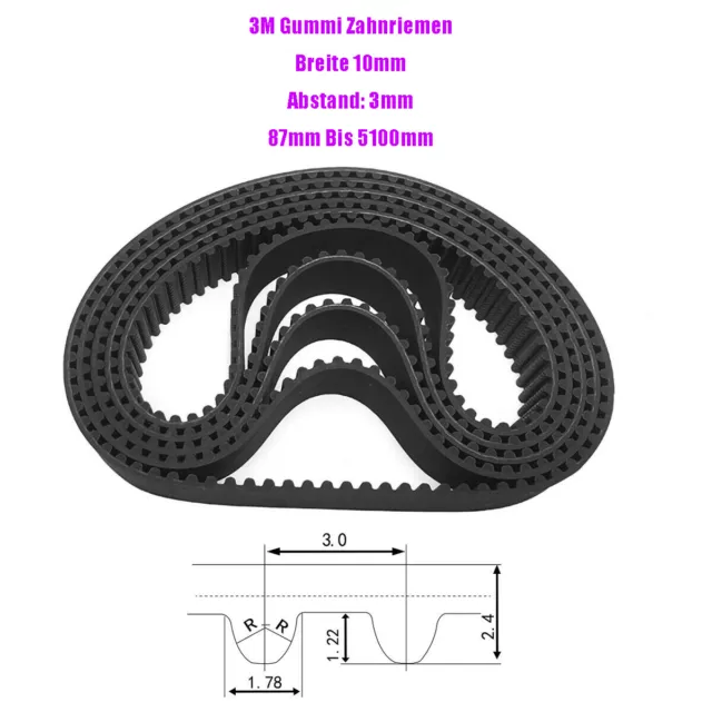 Breite 10mm 3M Gummi Zahnriemen 87mm-5100mm für 3D-Drucker / CNC / Schrittmotor