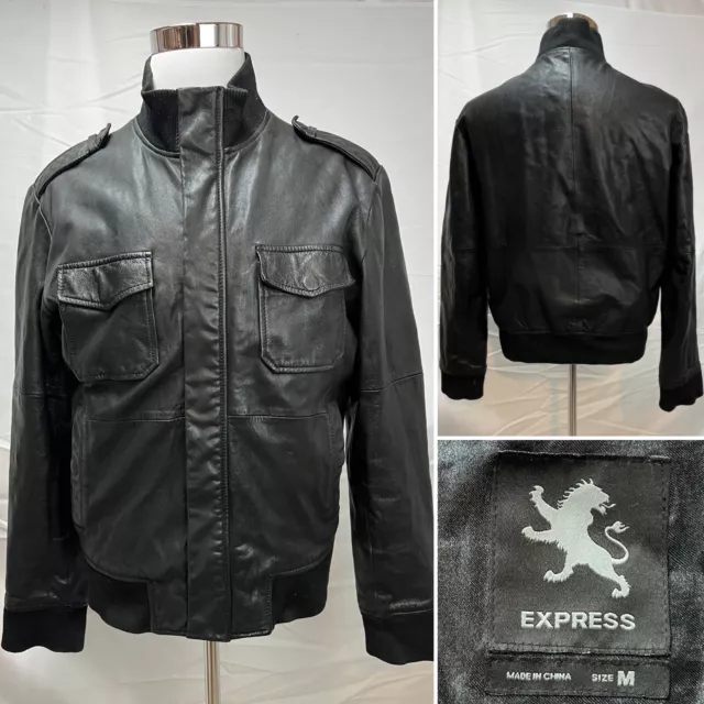 Men's EXPRESS Black 100% Genuine Leather Bomber M Jacket Zip Coat