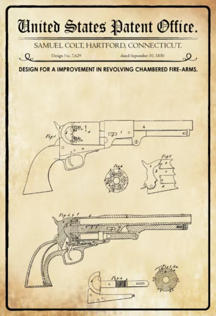 Blechschild 20x30 US Patent Revolver Waffe historisch   Wand Deko Bar Kneipe Caf