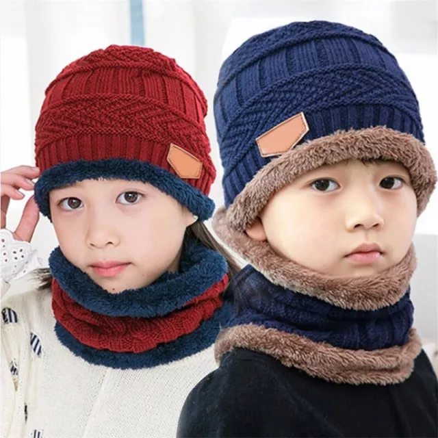 Knit Beanie Cap Scarf Set Toddler Kids Baby Boys Girl Warm Winter Lined Hat