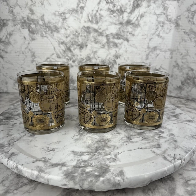 Vintage Mid Century Cera 22K World Atlas Map Old Fashion Bar Glass Set of 6