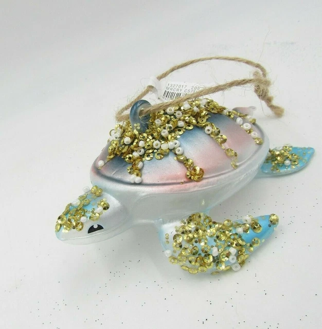 Pottery Barn Mercury Glass Christmas Ornament Ocean Beach Sea Turtle #C85