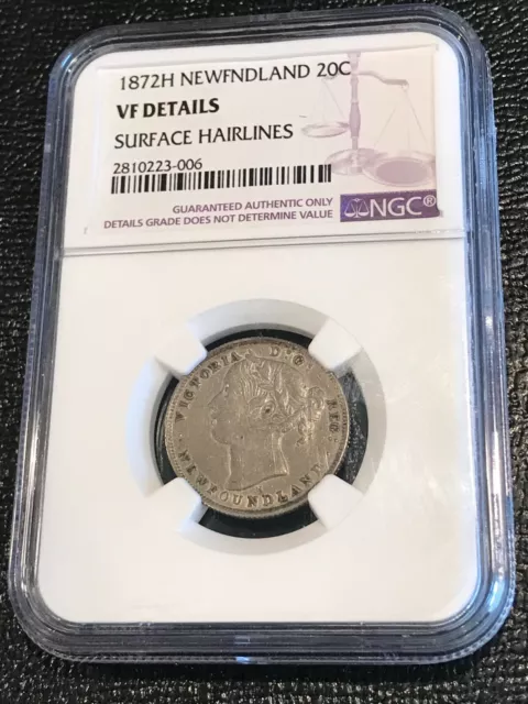 Ngc Vf Details 1872 H Newfoundland Silver 20 Cents Coin-Agt445