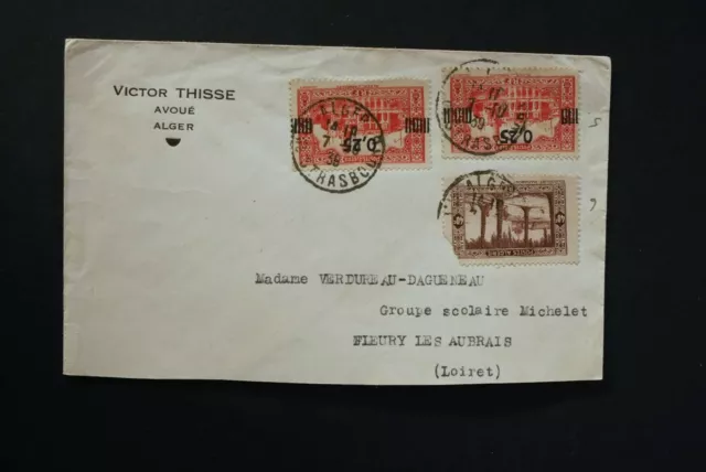 Algeria 90c overprint stamps cover Alger De Strasbourg 7/10/1939 - Loiret France