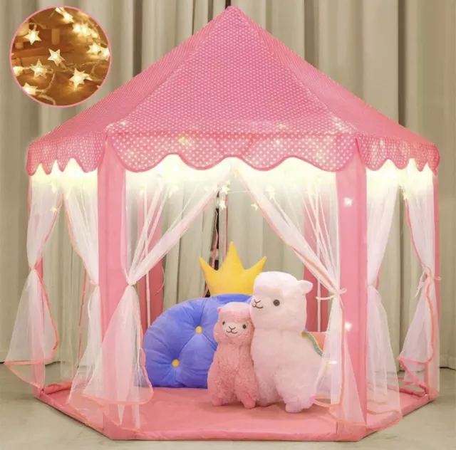 Pink Princess Castle House Indoor/Outdoor Kids Play Tent for Girls w/ LED Lights