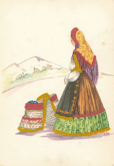 Cartolina Costumi Sardegna Dorgali Tempera di Lola Loy Non Viaggiata
