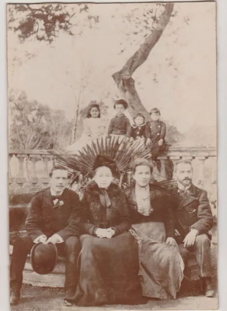 Antique Family Photo 4 Adults & 4 Children In A Public Garden