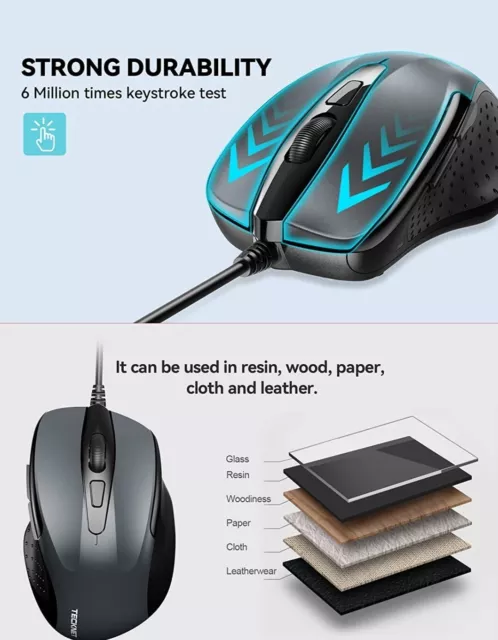 TECKNET USB Wired Mouse, 6-Button Corded Mouse with 2 Adjustable DPI, Optical
