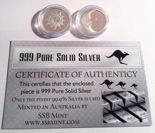 2 x 1/10th Oz 999.0 Pure Silver "Sun and Moon" Double sided Bullion Coins C.O.A.