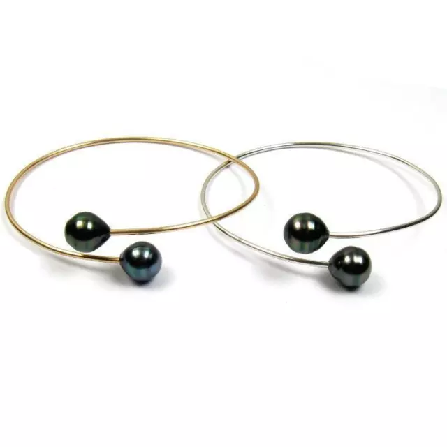 7" 10-11mm Tahitian Black Pearl Bangle Bracelet 925 Silver or Gold Filled