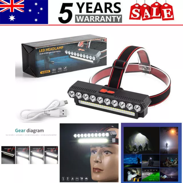 Headlamp 10 LED Super Bright Lumen Rechargeable Head Light Flashlight Torch Lamp