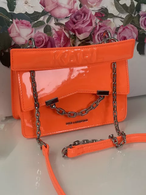 Karl Lagerfeld Mini Borsa a tracolla in pelle smaltata arancione edizione limitata argento