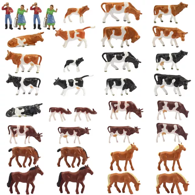 Model Railway 36PCS 1:87 Well Painted Farm Animals HO Scale Cows Horses Figures