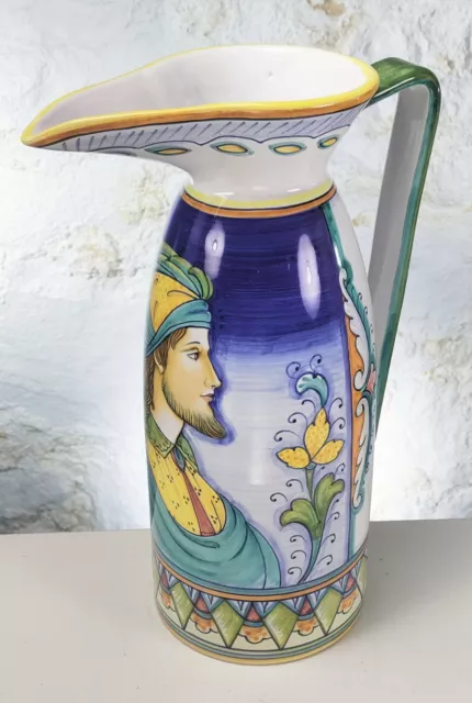 Vintage Signed Deruta Hand Painted Italy Renaissance Portrait Jug Pitcher 12"