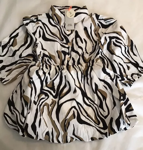 Abito mini bambina River Island età 12-18 mesi stampato zebra nero nuovo con etichette