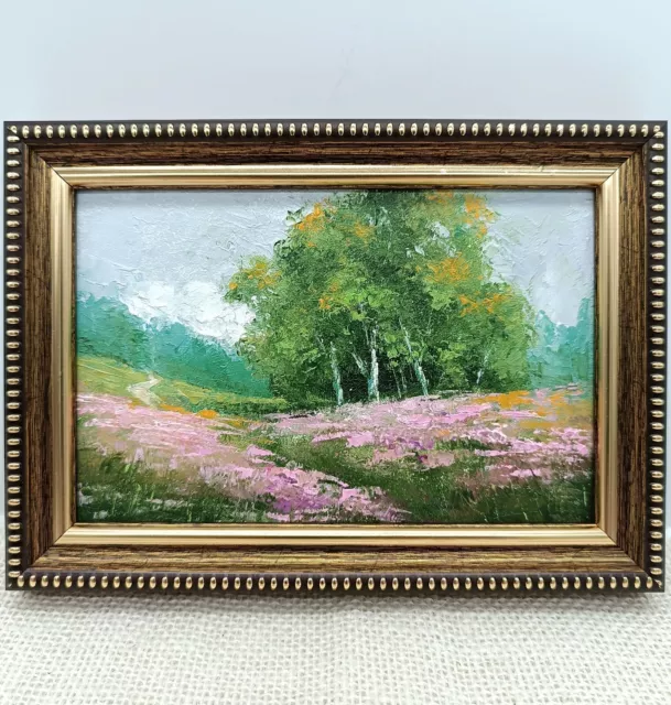 Summer nature Oil painting Original art Country Landscape Flower meadow 4 x 6 in