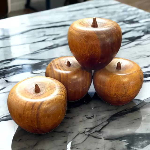 Vintage MCM Hand Carved Polished Retro Wooden Apple Lot Of 4 1960s-1970s