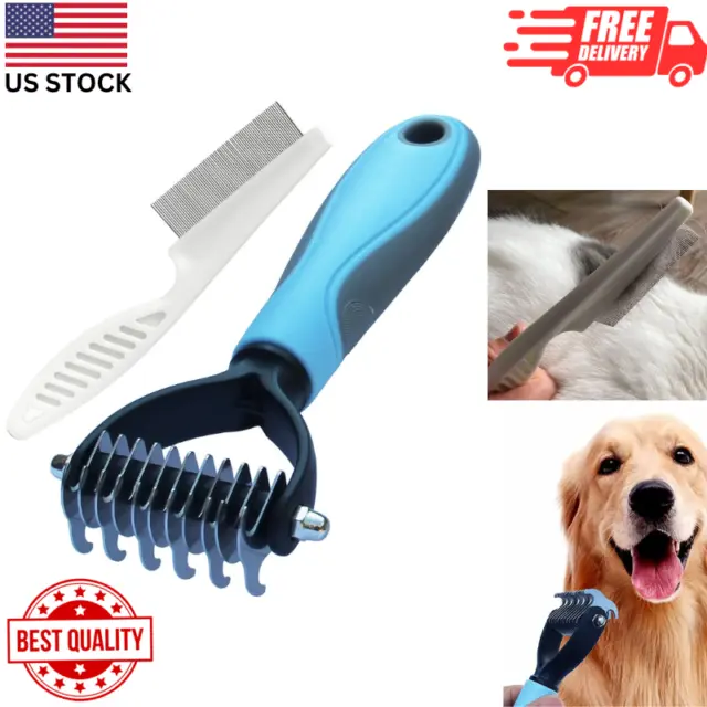 Double Sided Shedding and Dematting Undercoat Rake Comb Set for Dogs & Cats Blue