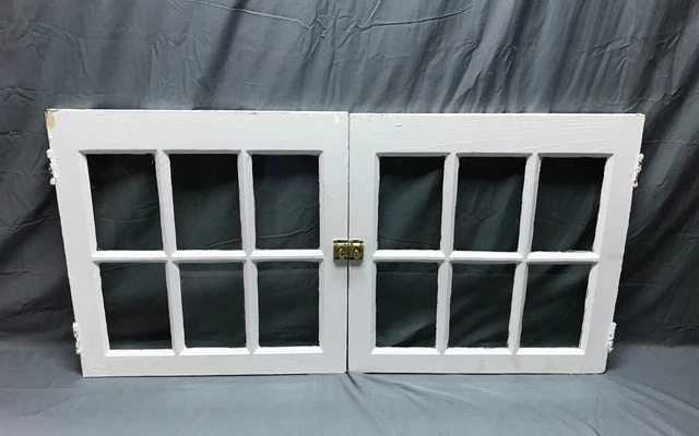 Antique Pair VTG Shabby Country Cabinet 22" SQ 6 lite Glass Chic Doors 1109-22B 2