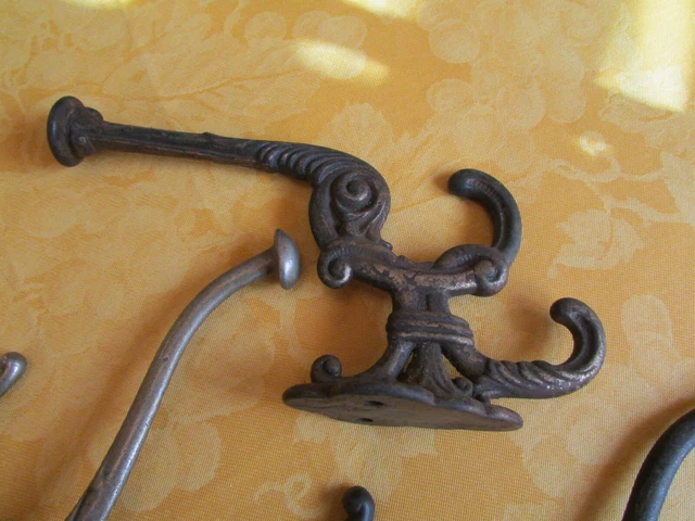Lot of 5 Vintage Antique Coat Hat Wall Hooks Metal Salvage Rustic various sizes 3