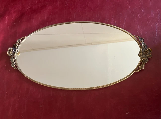 Globe Vintage Vanity Mirror Tray 24K Gold Plated Floral  1940s  21" x 10.3"