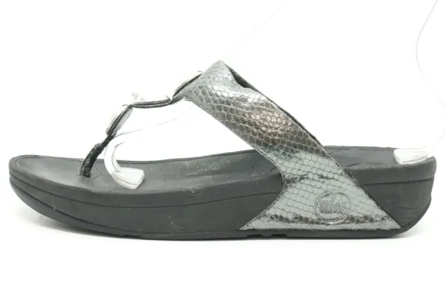 Womens FIT FLOP Pewter Leather Snake Print Thong Sandals Slides Size 10 EU 42 2