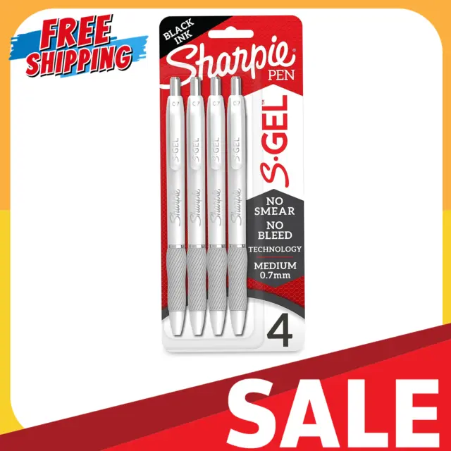 Sharpie S-Gel, Gel Pens, Medium Point (0.7mm), Black Gel Ink Pens, 4 Count