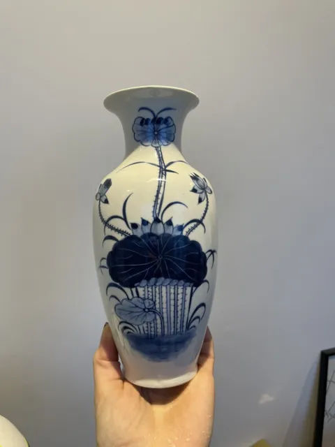 Vintage Blue White Lotus Flower Ceramic Vase Chinese Japanese Asian