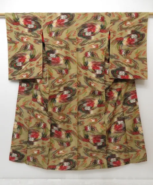 1018T07z640 Vintage Japanese Kimono Silk MEISEN KOMON Gray-Brown Stream