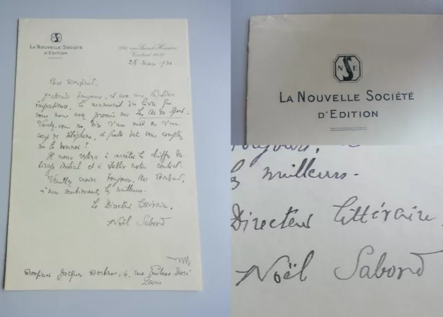 Journaliste Noël SABORD (1882-1949): lettre autographe 1930 á Jacques MORTANE
