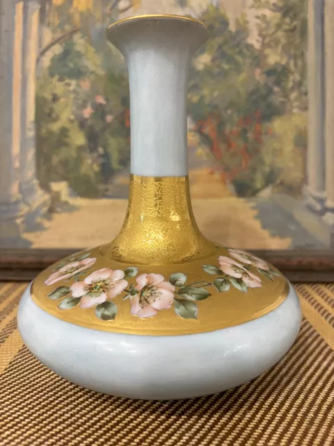 Pickard HP Gold Filagree Vase- signed Cherry Blossoms  6 3/8” Tiffany Blue