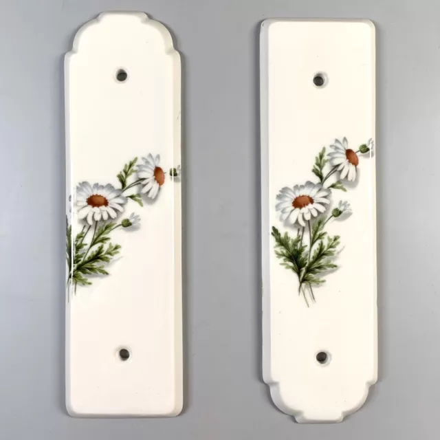 Pair of Vintage French Porcelain Door Push Finger Plates Flowers Daisies, Signed