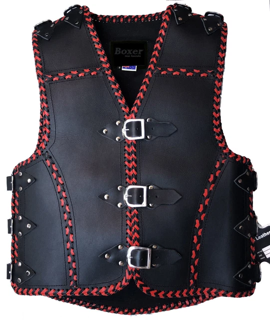 Men Motorcycle Motorbike 3 MM Leather Heavy duty Buckle Style Red Braided Vest
