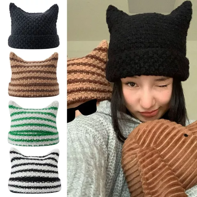 femmes Chapeau japonais Beanie Bonnet tricoté en laine Ins Petit Diable Rayé