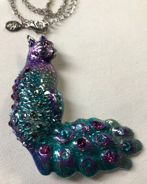 Rare Kirks Folly Peacock Cat  Pin/Pendant loaded Cubic Zirconia Aqua Purple