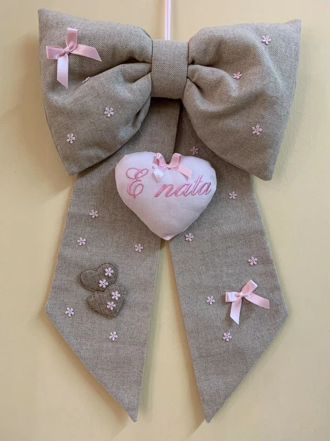 Fiocco Nascita Azzurro Artigianale Con Ricamo Cuore E Ciuccio - Tulle E Nastri A Pois, 45x25cm - Foto 5