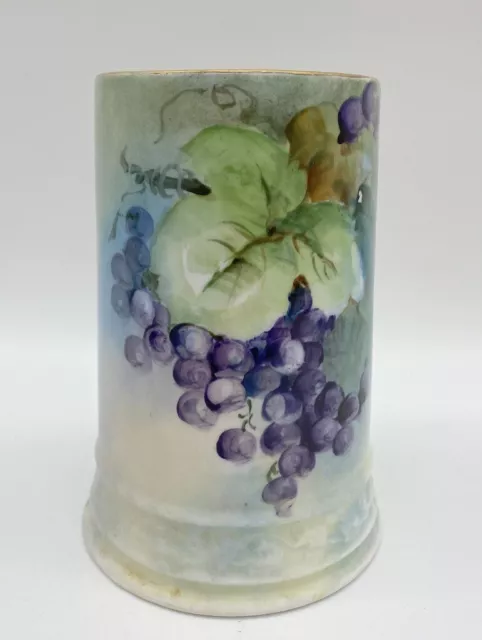 Beautiful Hand Painted Porcelain Stein Gilded handle Grapes and Leaves Design