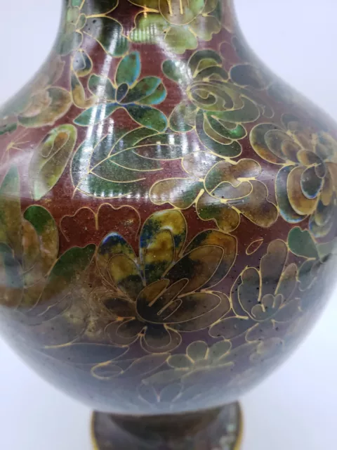 Cloisonne Vase Brass Enamel Maroon and Greens Beautiful Colors 8" 2