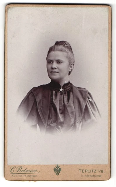 Fotografie Carl Pietzner, Wien, junge Dame in dunklem Kleid mit Sternbrosche