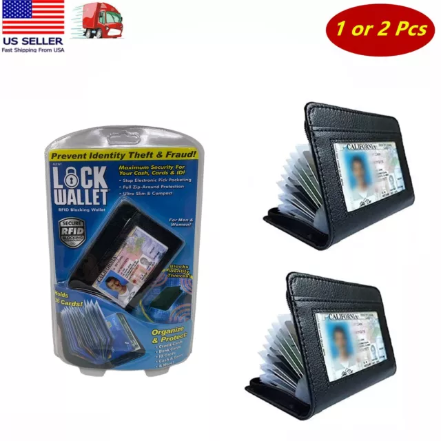 1/2 Pc Lock Wallet Slim Credit Card Holder Leather Secure Anti-Theft Wallet RFID