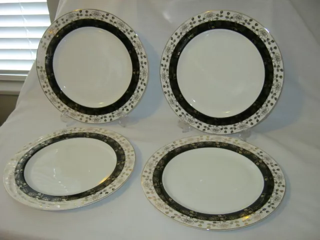 4 Grace's Teaware White & Black With Gold Accents & Trim 10-1/4" Dinner Plates