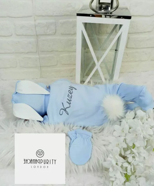 Newborn Baby Bunny Outfit Romper - Bodysuit Blue Set + Personalised Name