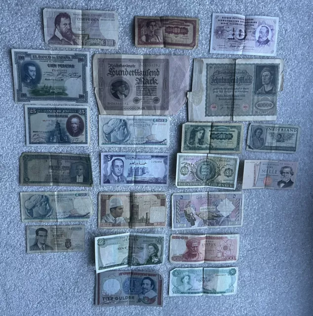 Job Lot of  Old Banknotes Foreign Currency Paper Money Includes Jersey, Morocco,