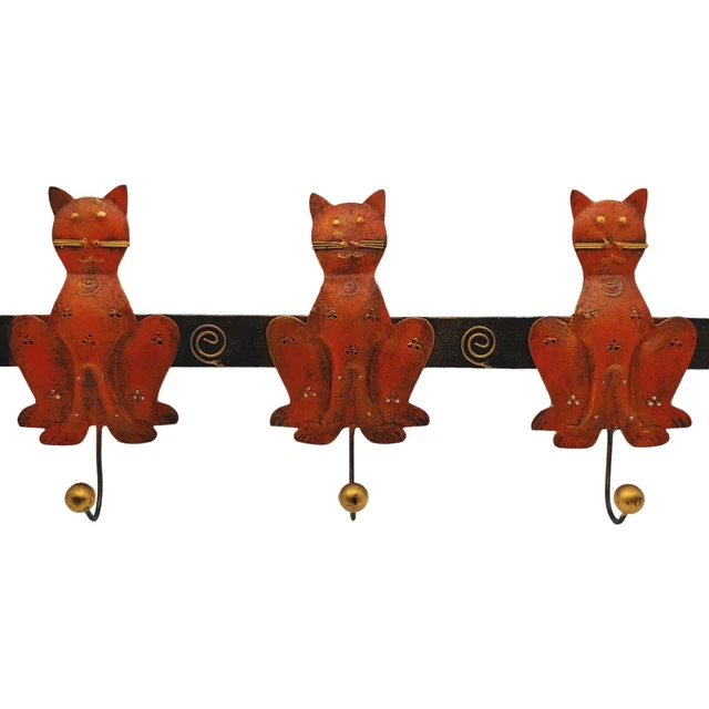 3 Hook Metal Cat Shaped Coat Hat Towel Rack, 18" Large Orange Brown Wall Mounted