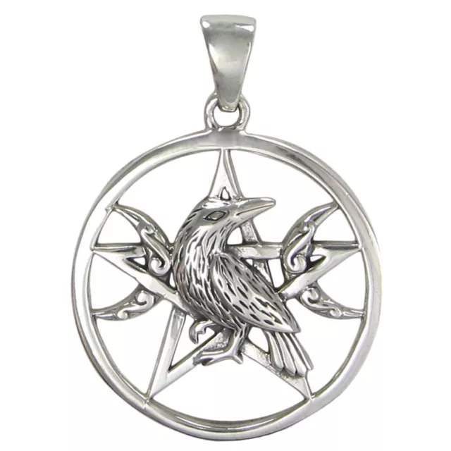 Sterling Silver Raven Pentagram Wiccan Pentacle Pendant Triple Moon Crow Jewelry