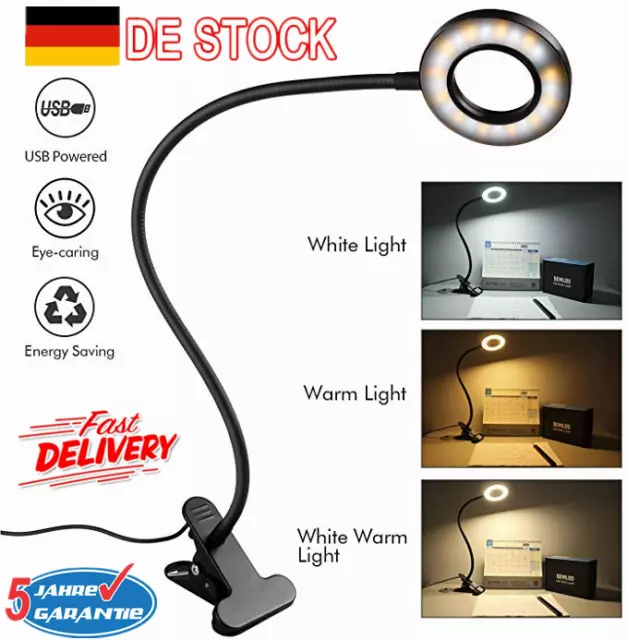 Leselampe LED Klemmleuchte USB Dimmbar Bettlampe Schreibtischleuchte Flexibel DE