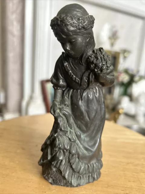 Genesis Fine Arts Bronze Statue Victorian Child Holding A Posy. Vintage VGC