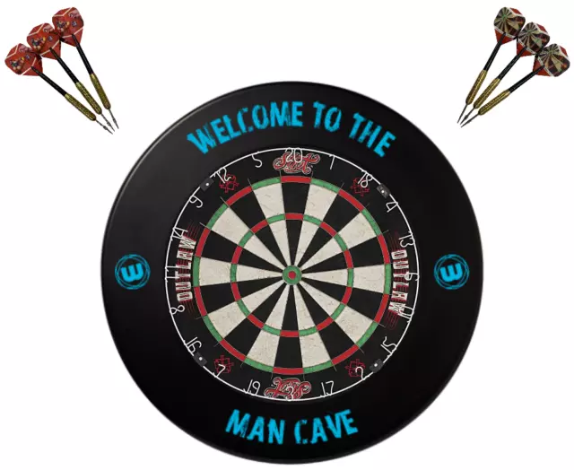 SHOT DARTS Outlaw Bristle Dart board + Winmau MAN CAVE Dartboard Surround