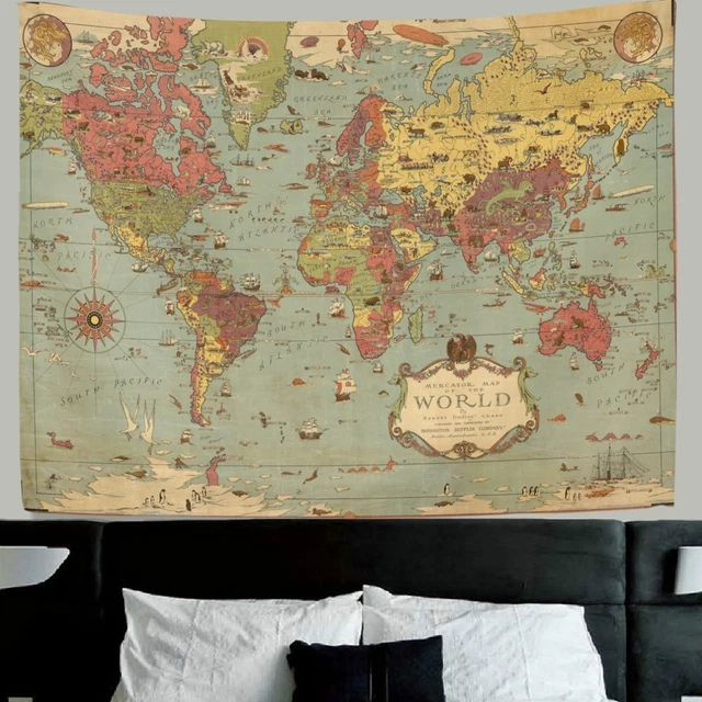 World Map Tapestry Wall Hanging Vintage Ancient Shabby Chic World Map 60 x 40 in